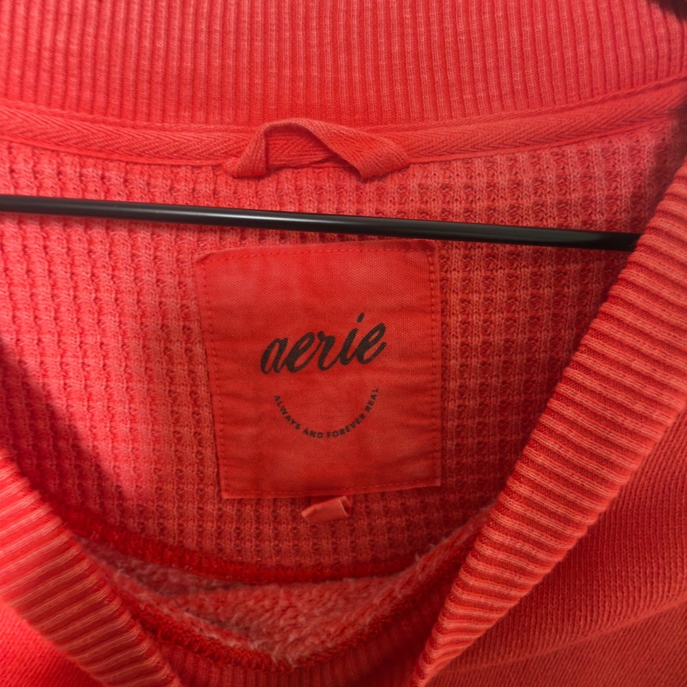 Aerie Women Sweatshirt Large Red Oversized Waffle Knit Inset Crewneck Pullover - Picture 2 of 5